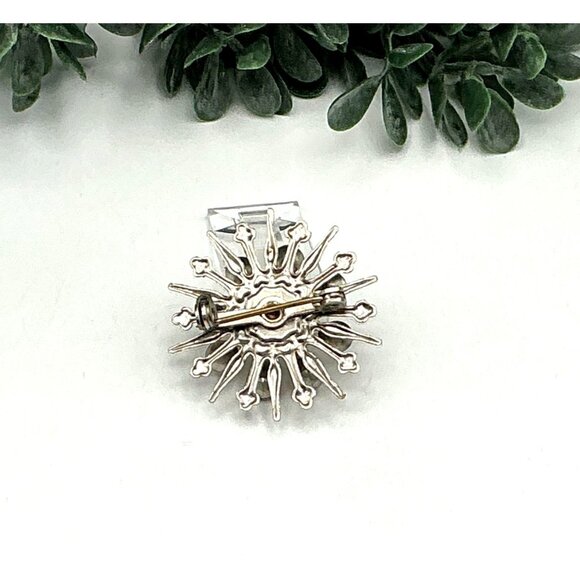 Vintage Silver Tone Yellow Rhinestone Atomic Starburst Brooch Pin - Picture 3 of 3